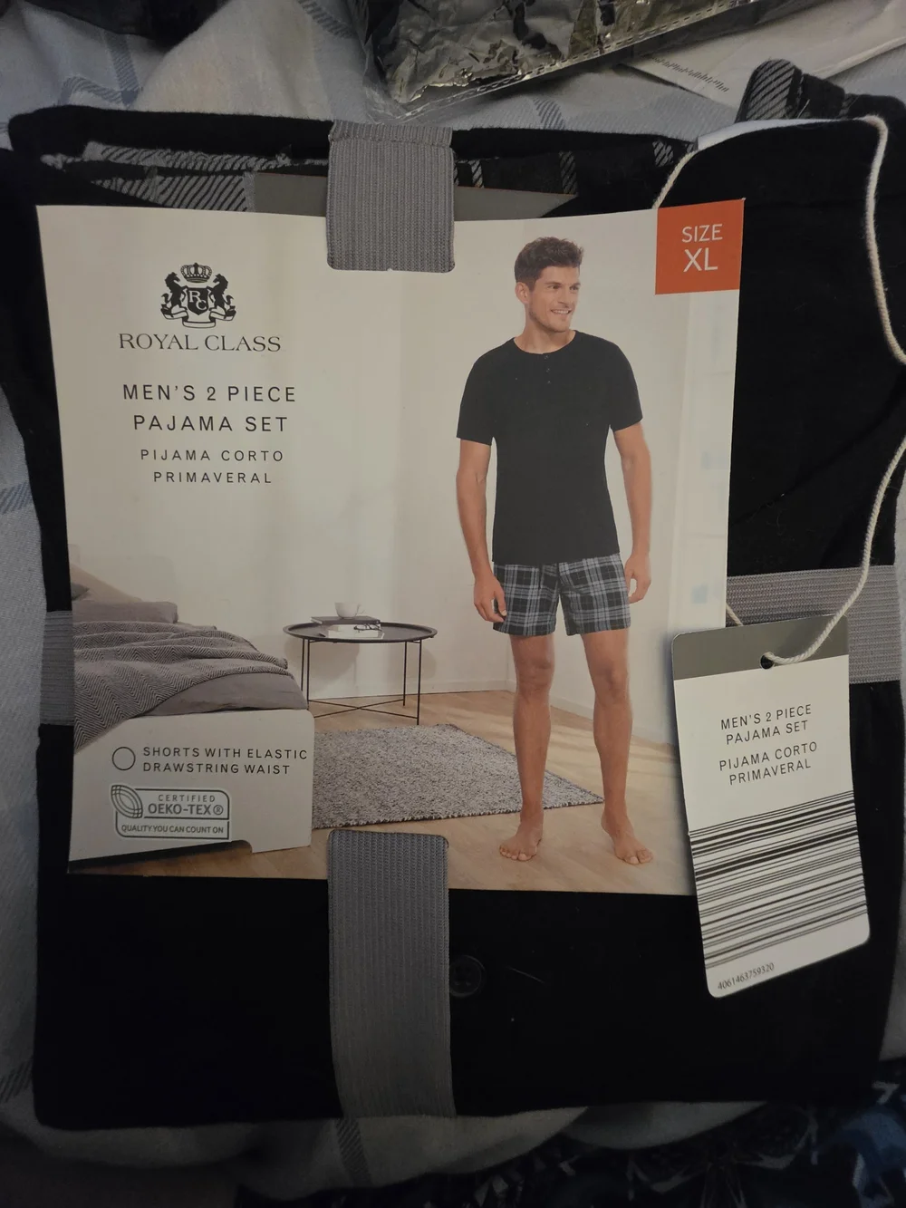 Men's Black Henley Sleep Top with Gray Plaid Boxer Shorts